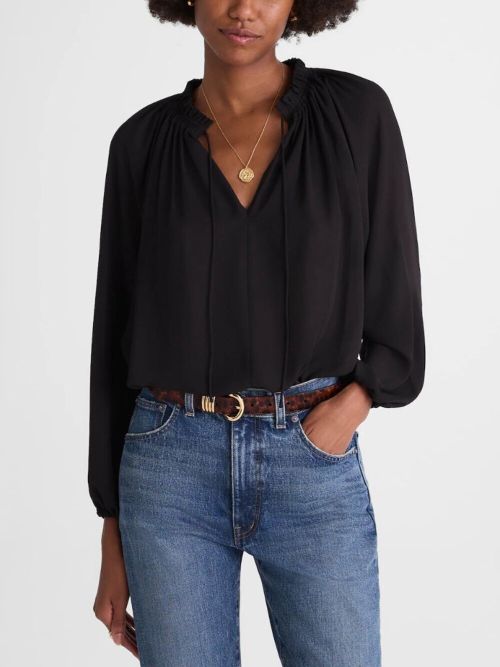 Madewell Long-Sleeve Semisheer Lightweight Ruffled Tie-Neck Top Black XS NWT